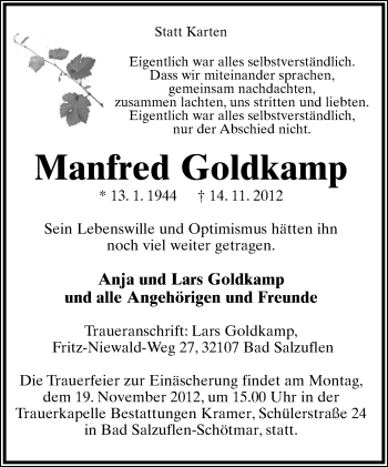 Anzeige  Manfred Goldkamp  Lippische Landes-Zeitung