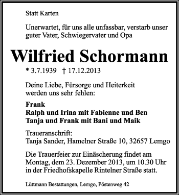 Anzeige  Wilfried Schormann  Lippische Landes-Zeitung