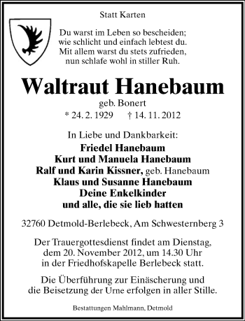 Anzeige  Waltraut Hanebaum  Lippische Landes-Zeitung