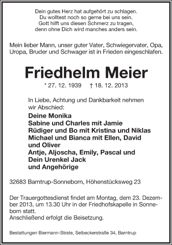 Anzeige  Friedhelm Meier  Lippische Landes-Zeitung