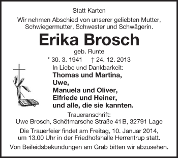 Anzeige  Erika Brosch  Lippische Landes-Zeitung