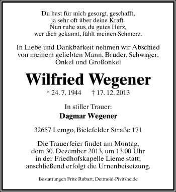 Anzeige  Wilfried Wegnener  Lippische Landes-Zeitung