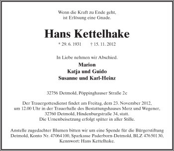 Anzeige  Hans Kettelhake  Lippische Landes-Zeitung