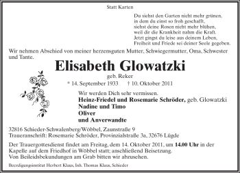 Anzeige  Elisabeth Glowatzki  Lippische Landes-Zeitung
