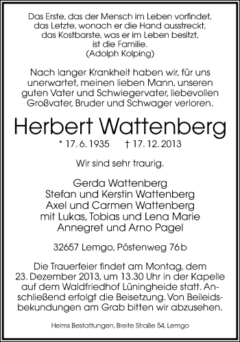 Anzeige  Herbert Wattenberg  Lippische Landes-Zeitung