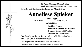 Anzeige  Anneliese Spieker  Lippische Landes-Zeitung