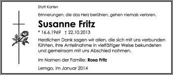 Anzeige  Susanne Fritz  Lippische Landes-Zeitung