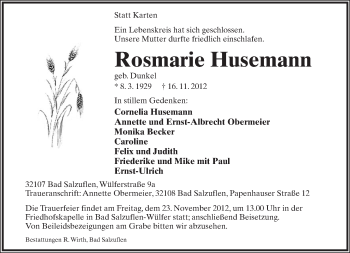 Anzeige  Rosemarie Husemann  Lippische Landes-Zeitung