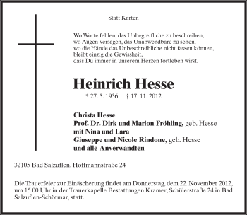 Anzeige  Heinrich Hesse  Lippische Landes-Zeitung