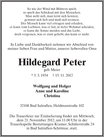 Anzeige  Hildehard Peter  Lippische Landes-Zeitung