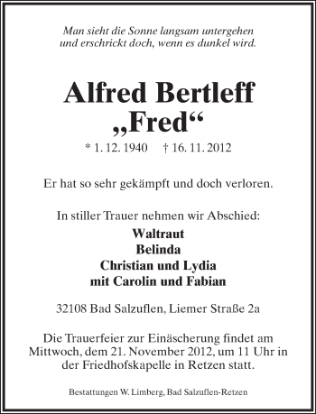 Anzeige  Alfred Bertleff  Lippische Landes-Zeitung