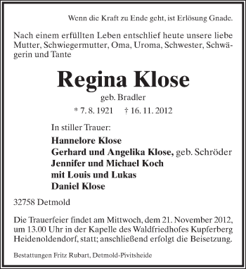 Anzeige  Regina Klose  Lippische Landes-Zeitung