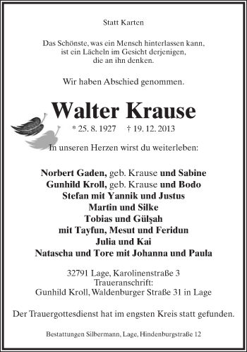 Anzeige  Walter Krause  Lippische Landes-Zeitung