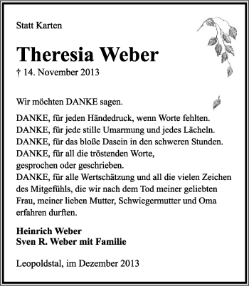 Anzeige  Theresia Weber  Lippische Landes-Zeitung