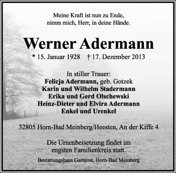 Anzeige  Werner Adermann  Lippische Landes-Zeitung