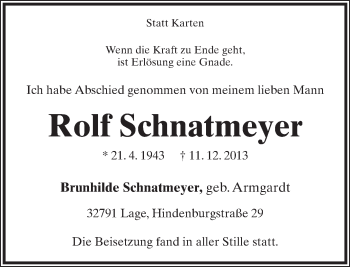 Anzeige  Rolf Schnatmeyer  Lippische Landes-Zeitung