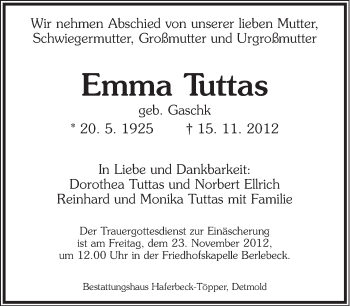 Anzeige  Emma Tuttas  Lippische Landes-Zeitung
