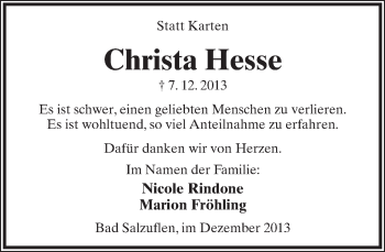 Anzeige  Christa Hesse  Lippische Landes-Zeitung