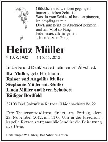 Anzeige  Heinz Müller  Lippische Landes-Zeitung