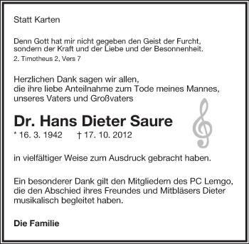 Anzeige  Hans Dieter Saure  Lippische Landes-Zeitung