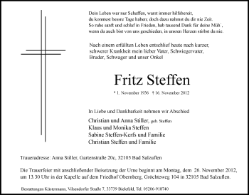 Anzeige  Fritz Steffen  Lippische Landes-Zeitung