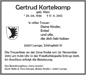 Anzeige  Gertrud Kortekamp  Lippische Landes-Zeitung