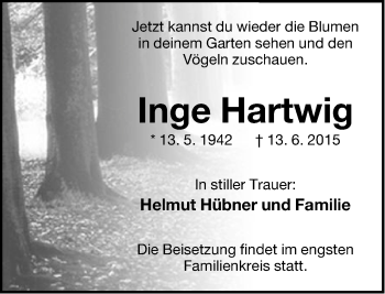 Anzeige  Inge Hartwig  Lippische Landes-Zeitung