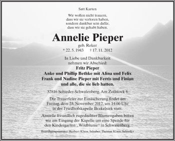 Anzeige  Annelie Pieper  Lippische Landes-Zeitung