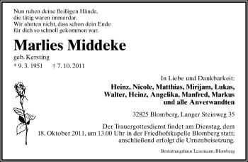 Anzeige  Marlies Middeke  Lippische Landes-Zeitung
