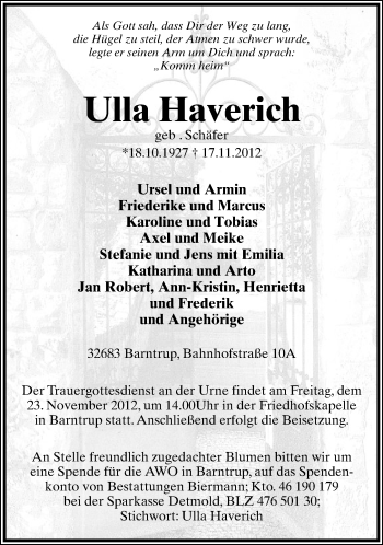 Anzeige  Ulla Haverich  Lippische Landes-Zeitung