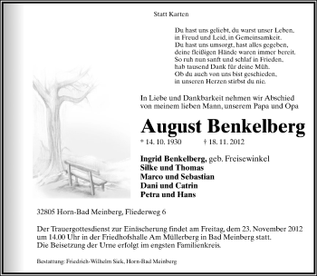 Anzeige  August Benkelberg  Lippische Landes-Zeitung