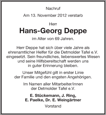 Anzeige  Hans-Georg Deppe  Lippische Landes-Zeitung