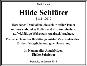 Anzeige  Hilde Schlüter  Lippische Landes-Zeitung