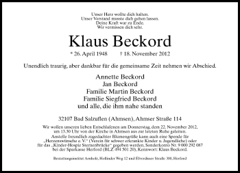 Anzeige  Klaus Beckord  Lippische Landes-Zeitung