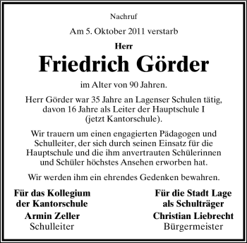 Anzeige  Friedrich Görder  Lippische Landes-Zeitung