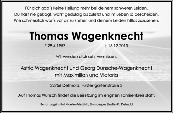 Anzeige  Thomas Wagenknecht  Lippische Landes-Zeitung