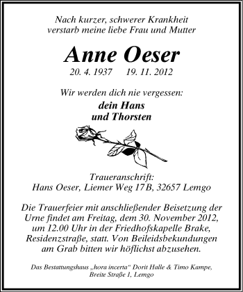 Anzeige  Anne Oeser  Lippische Landes-Zeitung