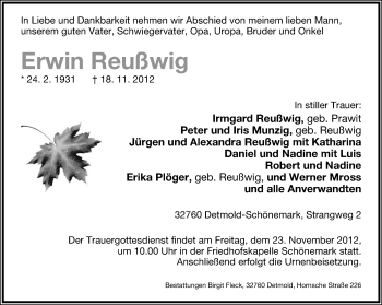 Anzeige  Erwin Reußwig  Lippische Landes-Zeitung