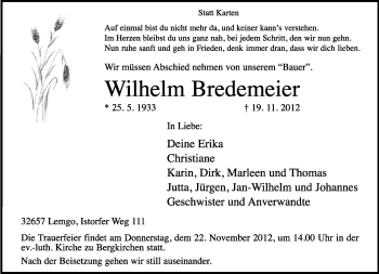 Anzeige  Wilhelm Bredemeier  Lippische Landes-Zeitung