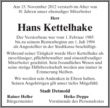 Anzeige  Hans Kettelhake  Lippische Landes-Zeitung