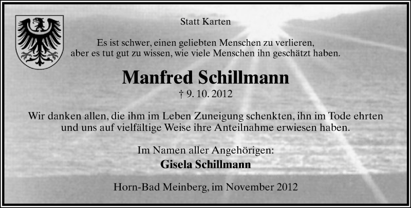  Traueranzeige für Manfred Schillmann vom 24.11.2012 aus Lippische Landes-Zeitung