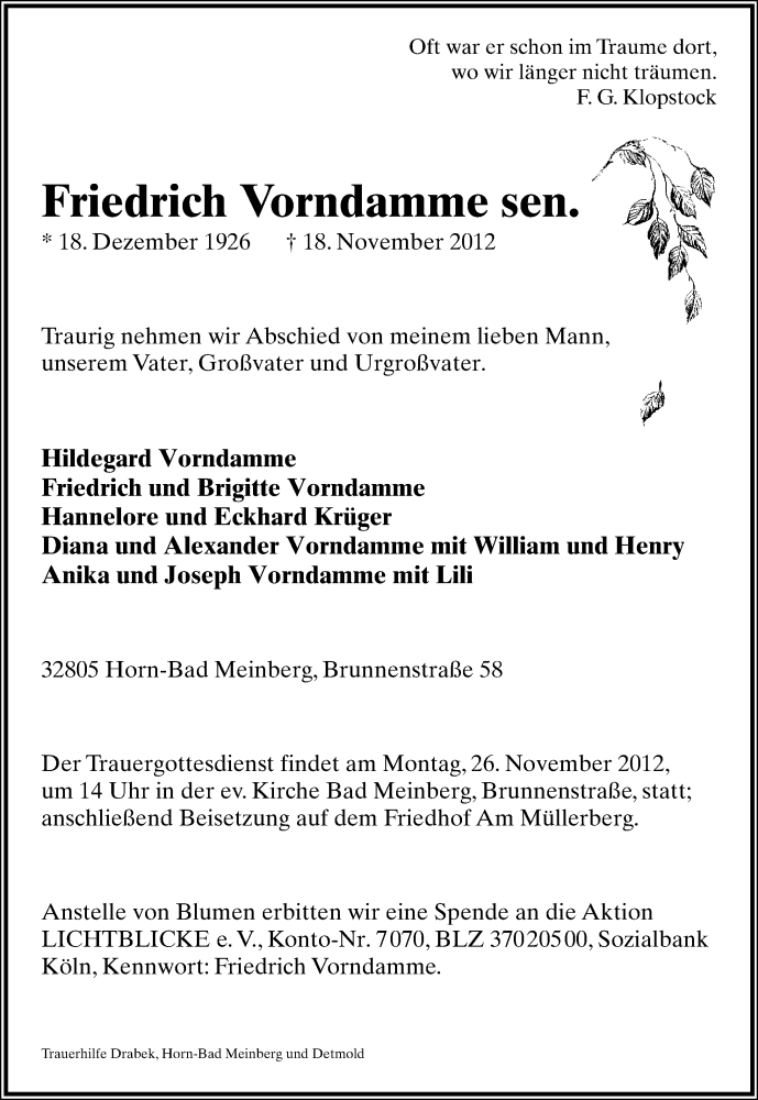  Traueranzeige für Friedrich Vorndamme vom 21.11.2012 aus Lippische Landes-Zeitung