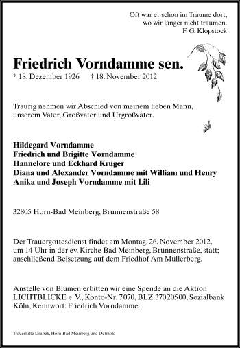 Anzeige  Friedrich Vorndamme  Lippische Landes-Zeitung
