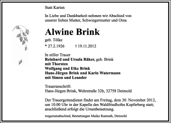 Anzeige  Alwine Brink  Lippische Landes-Zeitung