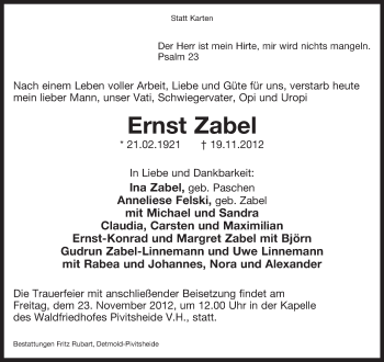 Anzeige  Ernst Zabel  Lippische Landes-Zeitung