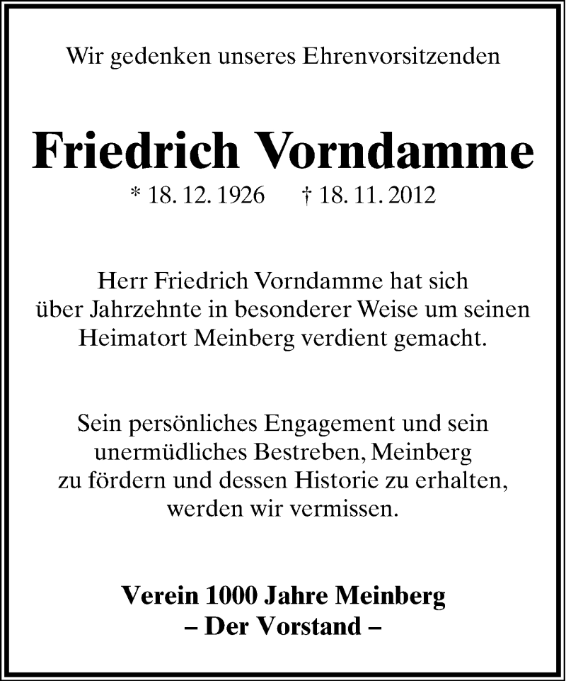  Traueranzeige für Friedrich Vorndamme vom 21.11.2012 aus Lippische Landes-Zeitung