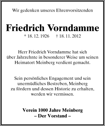 Anzeige  Friedrich Vorndamme  Lippische Landes-Zeitung