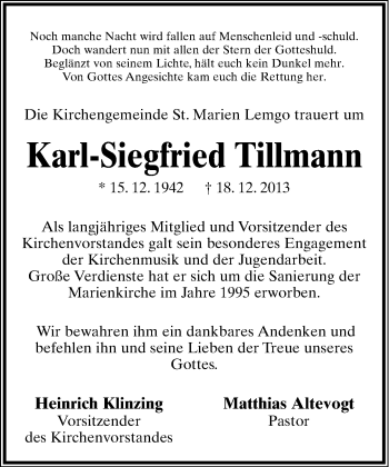 Anzeige  Kark-Siegfried Tillmann  Lippische Landes-Zeitung