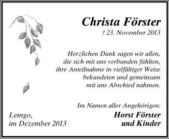 Anzeige  Christa Förster  Lippische Landes-Zeitung