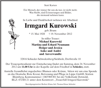 Anzeige  Irmgard Kurowski  Lippische Landes-Zeitung